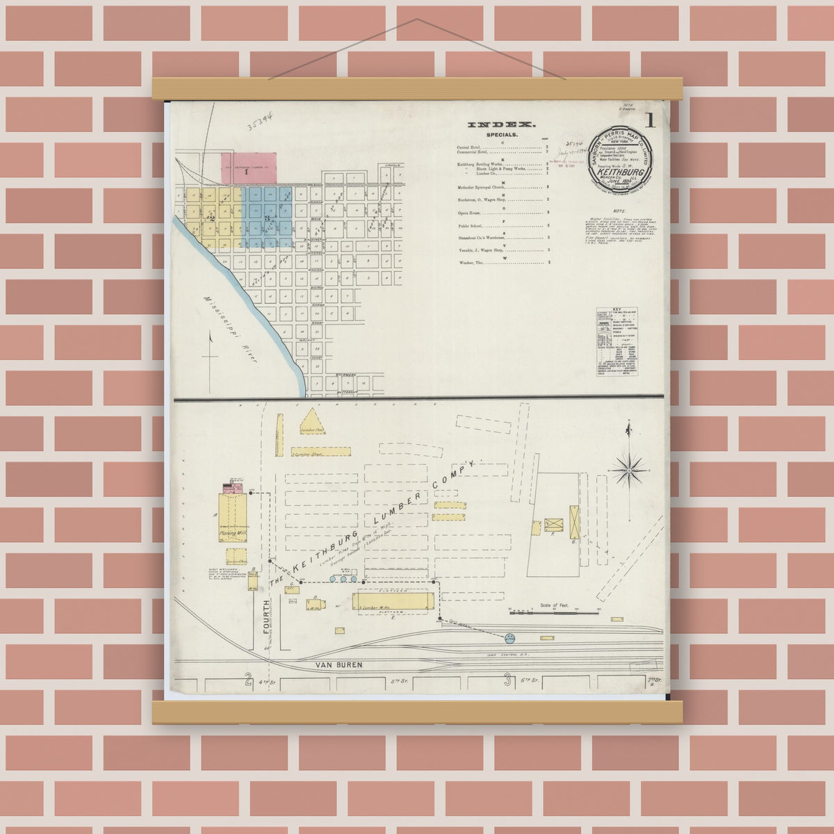 Old map wall art mockup — magnetic wood frame on brick wall — Sanborn Fire Insurance Map from Keithsburg, Mercer County, Illinois (1894) - Complete Map Set