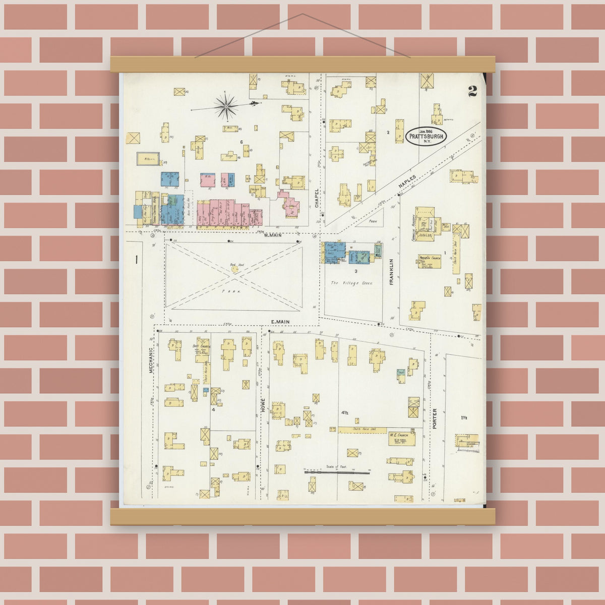 Old map wall art mockup — magnetic wood frame on brick wall — Sanborn Fire Insurance Map from Prattsburgh, Steuben County, New York (1906), Sheet #0002