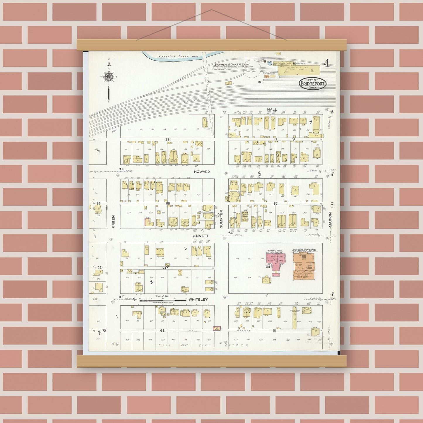 Old map wall art mockup — magnetic wood frame on brick wall — Sanborn Fire Insurance Map from Bridgeport, Belmont County, Ohio (1917), Sheet #0004