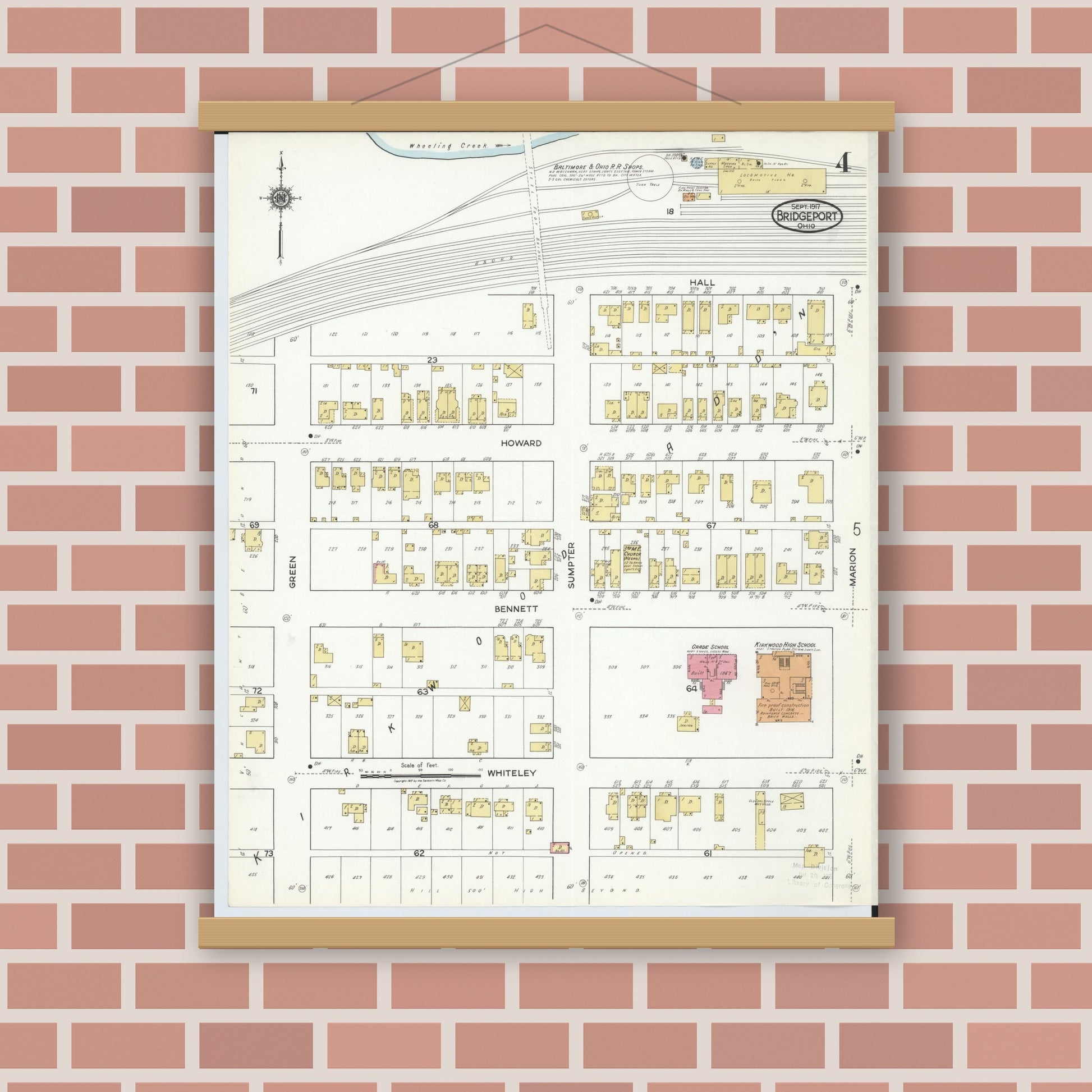 Old map wall art mockup — magnetic wood frame on brick wall — Sanborn Fire Insurance Map from Bridgeport, Belmont County, Ohio (1917), Sheet #0004