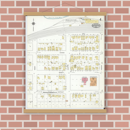 Old map wall art mockup — magnetic wood frame on brick wall — Sanborn Fire Insurance Map from Bridgeport, Belmont County, Ohio (1917), Sheet #0004