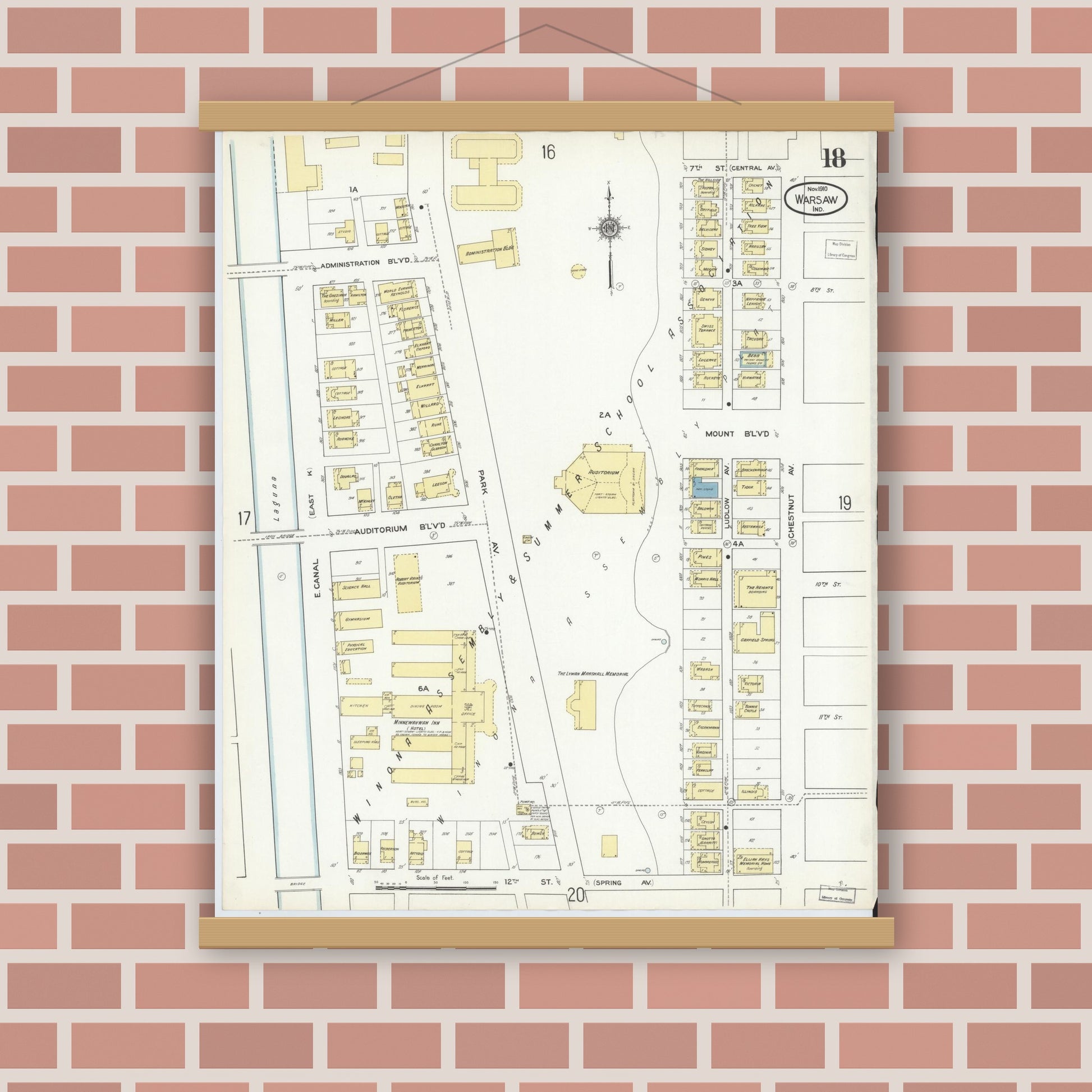 Old map wall art mockup — magnetic wood frame on brick wall — Sanborn Fire Insurance Map from Warsaw, Kosciusko County, Indiana (1910), Sheet #0018