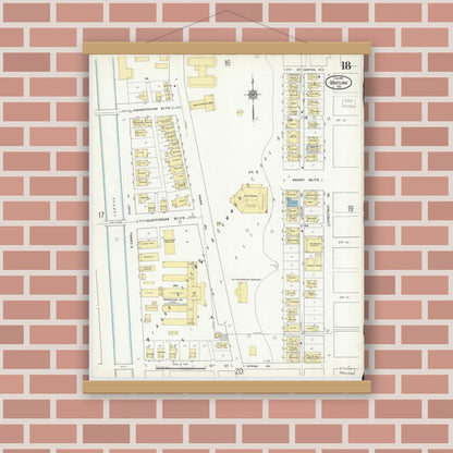 Old map wall art mockup — magnetic wood frame on brick wall — Sanborn Fire Insurance Map from Warsaw, Kosciusko County, Indiana (1910), Sheet #0018