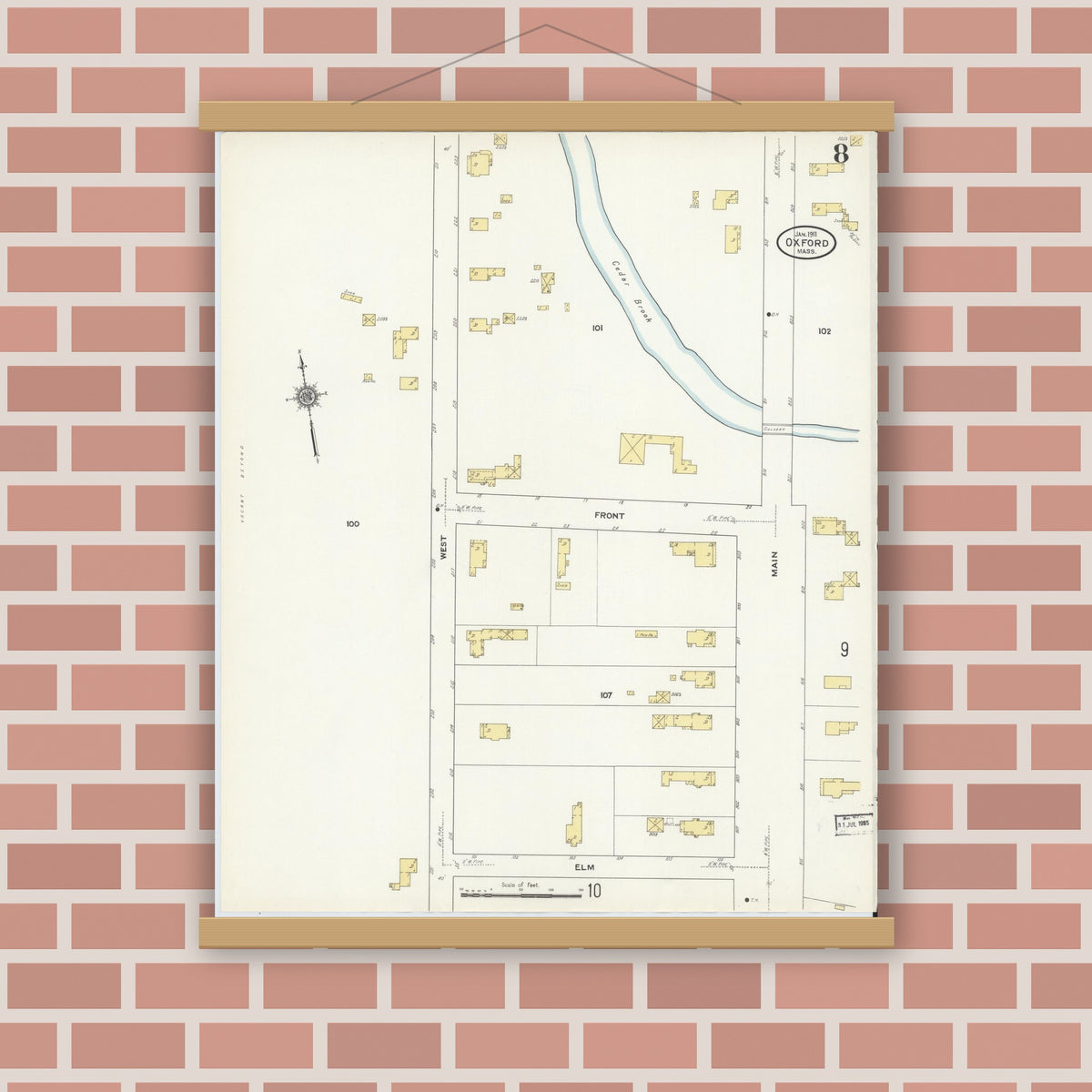 Old map wall art mockup — magnetic wood frame on brick wall — Sanborn Fire Insurance Map from Oxford, Worcester County, Massachusetts (1911), Sheet #0008