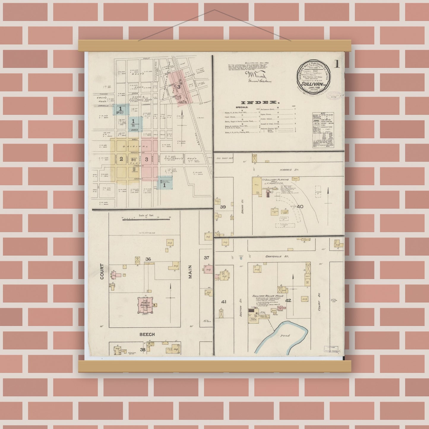 Old map wall art mockup — magnetic wood frame on brick wall — Sanborn Fire Insurance Map from Sullivan, Sullivan County, Indiana (1888) - Complete Map Set