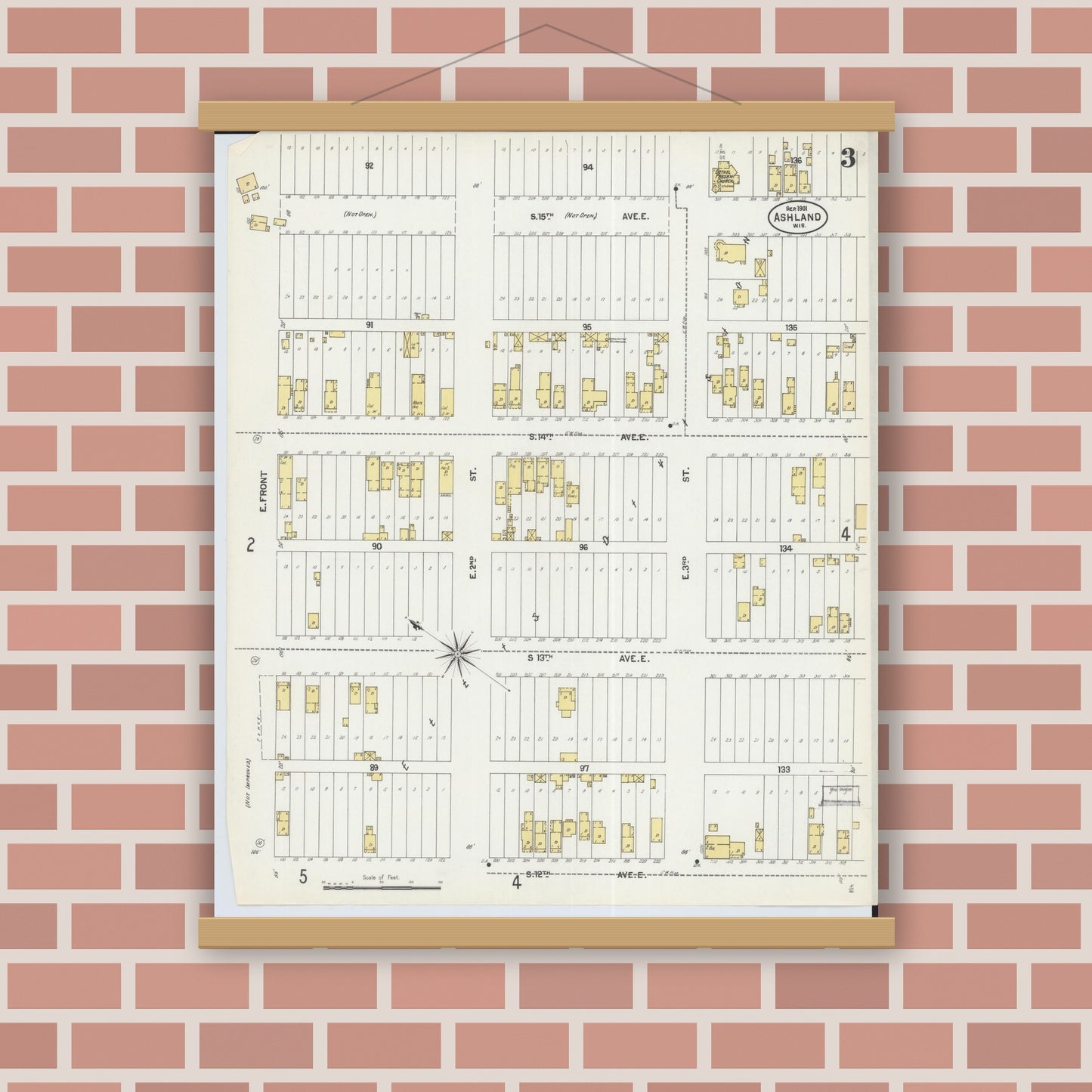 Old map wall art mockup — magnetic wood frame on brick wall — Sanborn Fire Insurance Map from Ashland, Ashland County, Wisconsin (1901), Sheet #0003
