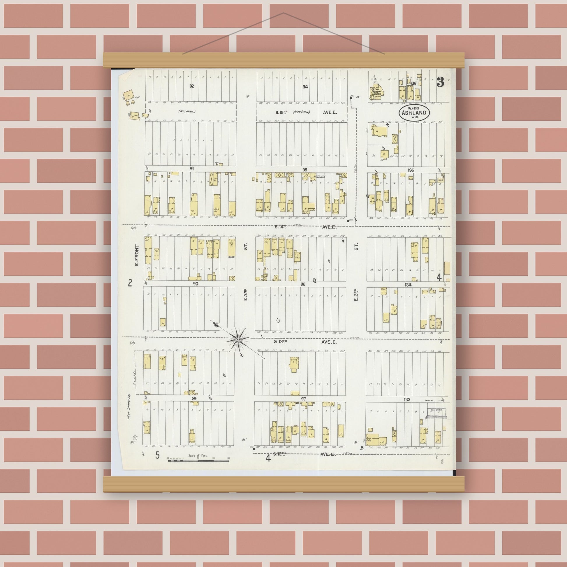 Old map wall art mockup — magnetic wood frame on brick wall — Sanborn Fire Insurance Map from Ashland, Ashland County, Wisconsin (1901), Sheet #0003