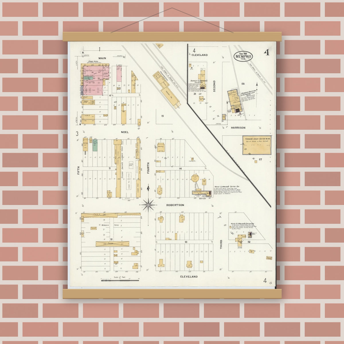 Old map wall art mockup — magnetic wood frame on brick wall — Sanborn Fire Insurance Map from Memphis, Hall County, Texas (1908), Sheet #0004