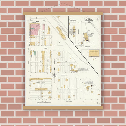 Old map wall art mockup — magnetic wood frame on brick wall — Sanborn Fire Insurance Map from Memphis, Hall County, Texas (1908), Sheet #0004