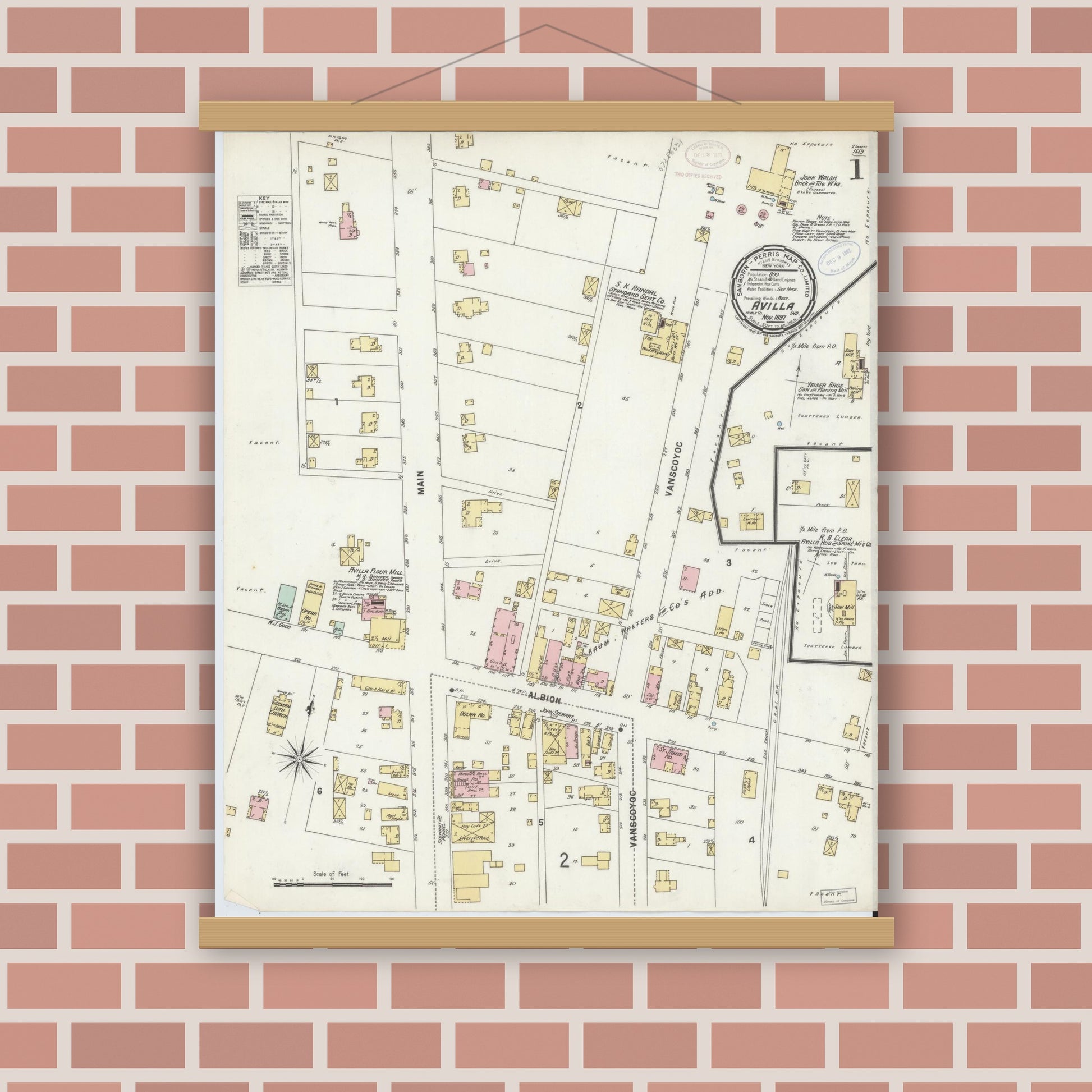 Old map wall art mockup — magnetic wood frame on brick wall — Sanborn Fire Insurance Map from Avilla, Noble County, Indiana (1897), Sheet #0001