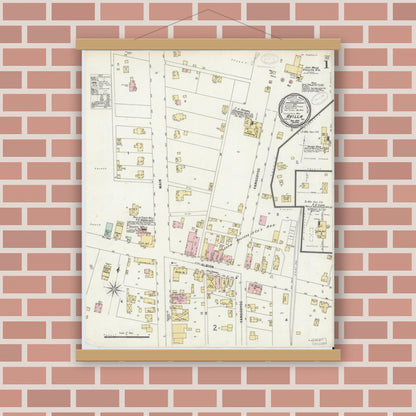 Old map wall art mockup — magnetic wood frame on brick wall — Sanborn Fire Insurance Map from Avilla, Noble County, Indiana (1897), Sheet #0001