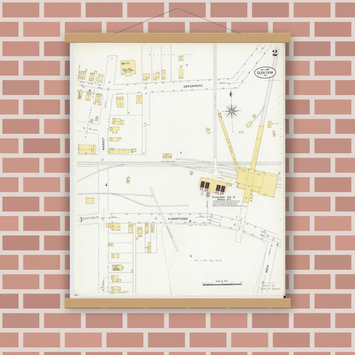 Old map wall art mockup — magnetic wood frame on brick wall — Sanborn Fire Insurance Map from Glen Lyon, Luzerne County, Pennsylvania (1907), Sheet #0002