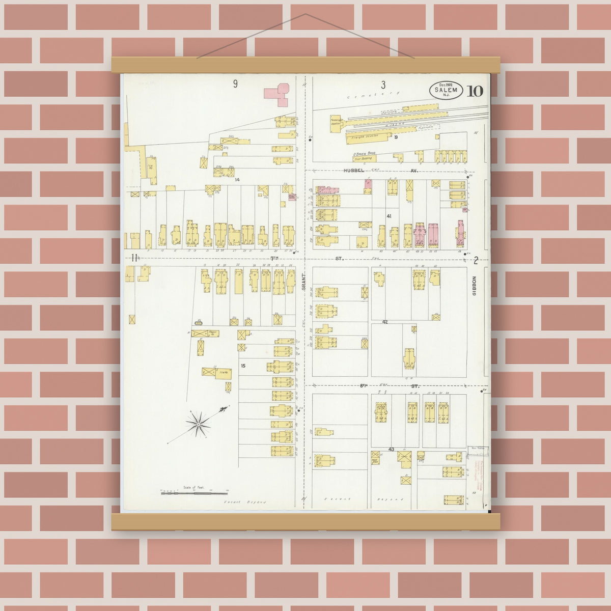 Old map wall art mockup — magnetic wood frame on brick wall — Sanborn Fire Insurance Map from Salem, Salem County, New Jersey (1902), Sheet #0010
