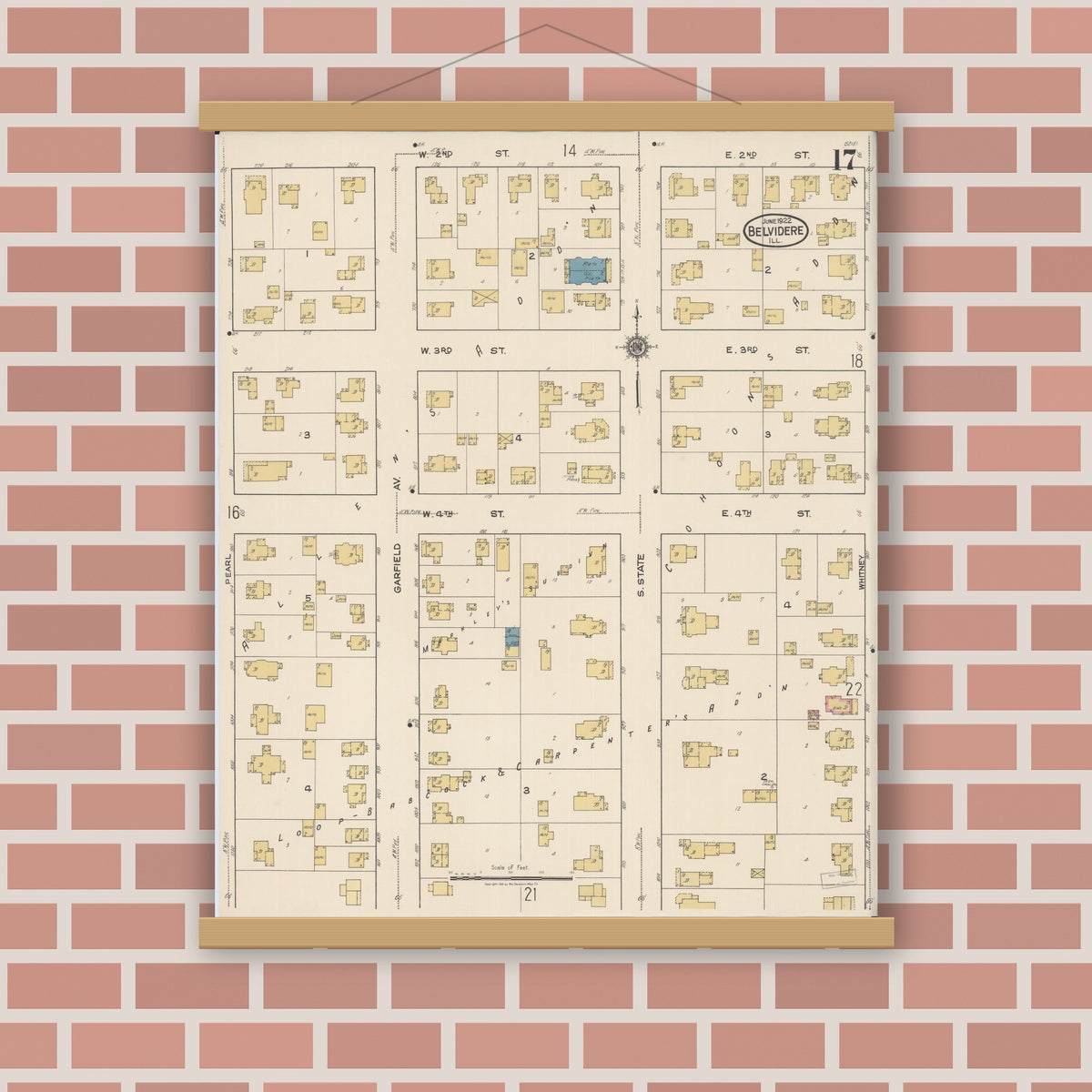 Old map wall art mockup — magnetic wood frame on brick wall — Sanborn Fire Insurance Map from Belvidere, Boone County, Illinois (1922), Sheet #0017