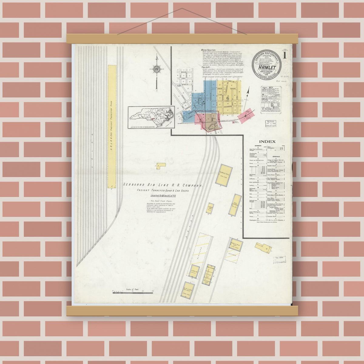 Old map wall art mockup — magnetic wood frame on brick wall — Sanborn Fire Insurance Map from Hamlet, Richmond County, North Carolina (1916), Sheet #0001