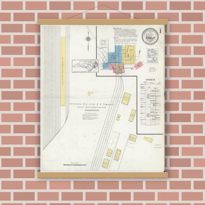 Old map wall art mockup — magnetic wood frame on brick wall — Sanborn Fire Insurance Map from Hamlet, Richmond County, North Carolina (1916), Sheet #0001