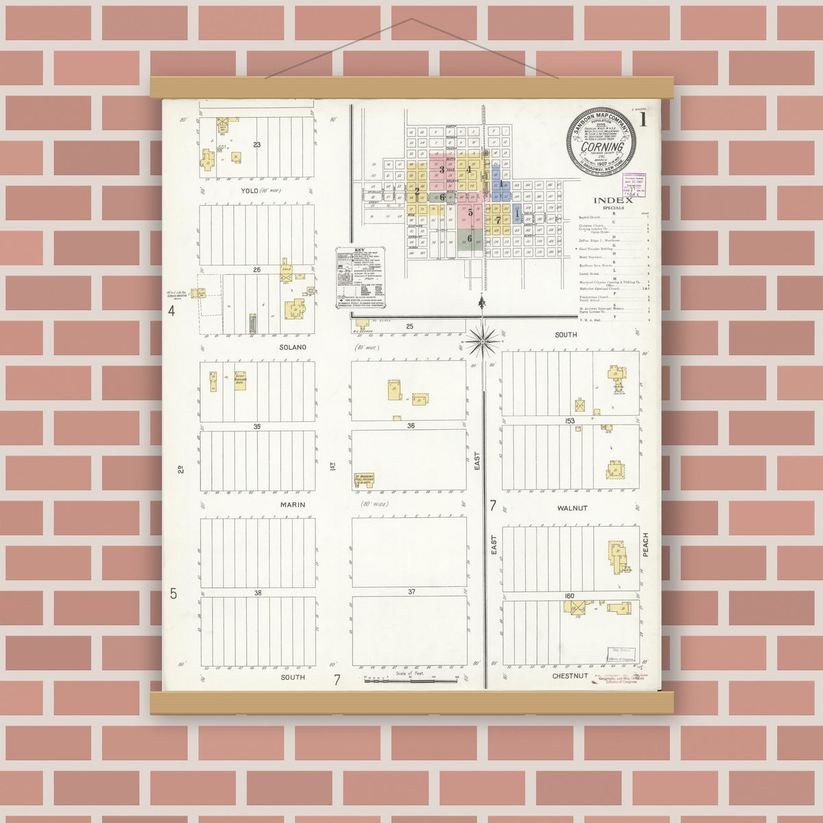 Old map wall art mockup — magnetic wood frame on brick wall — Sanborn Fire Insurance Map from Corning, Tehama County, California (1907) - Complete Map Set