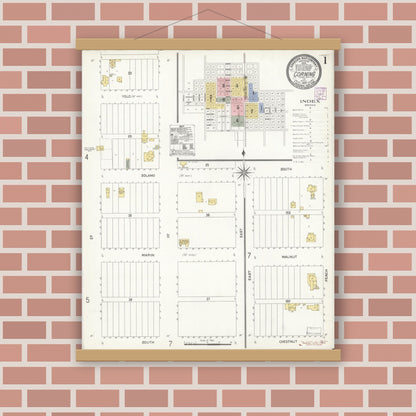 Old map wall art mockup — magnetic wood frame on brick wall — Sanborn Fire Insurance Map from Corning, Tehama County, California (1907) - Complete Map Set