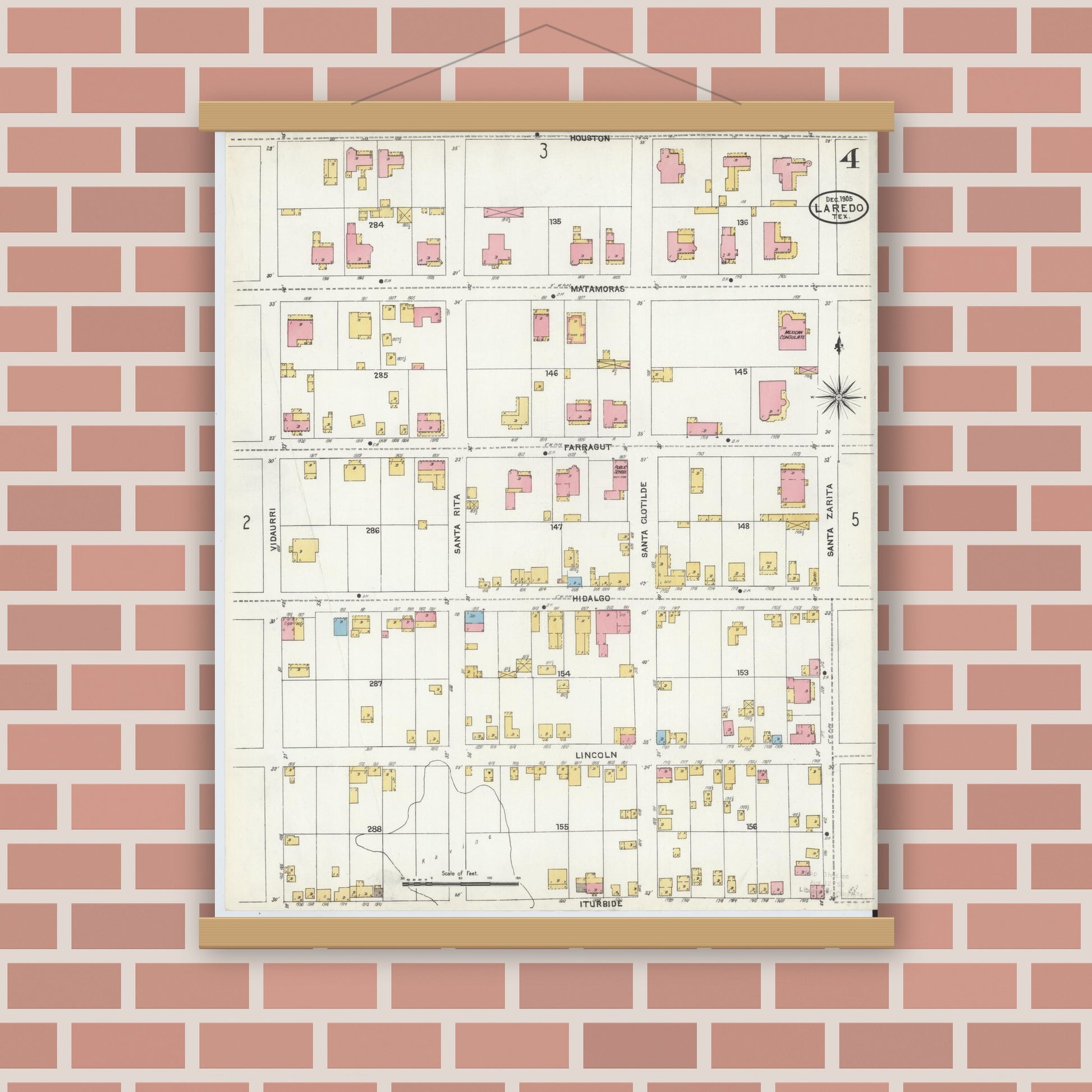 Old map wall art mockup — magnetic wood frame on brick wall — Sanborn Fire Insurance Map from Laredo, Webb County, Texas (1905), Sheet #0004