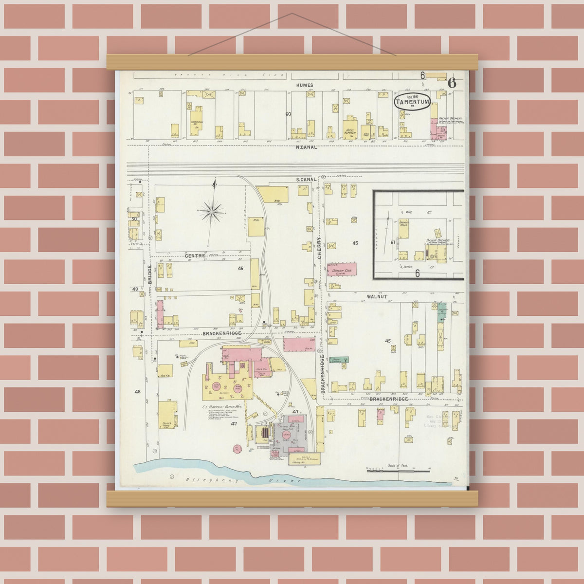 Old map wall art mockup — magnetic wood frame on brick wall — Sanborn Fire Insurance Map from Tarentum, Allegheny County, Pennsylvania (1897), Sheet #0006