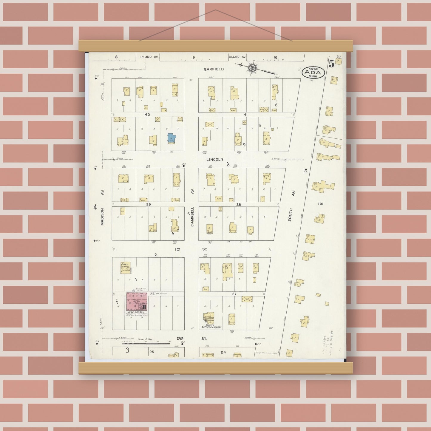 Old map wall art mockup — magnetic wood frame on brick wall — Sanborn Fire Insurance Map from Ada, Norman County, Minnesota (1916), Sheet #0005