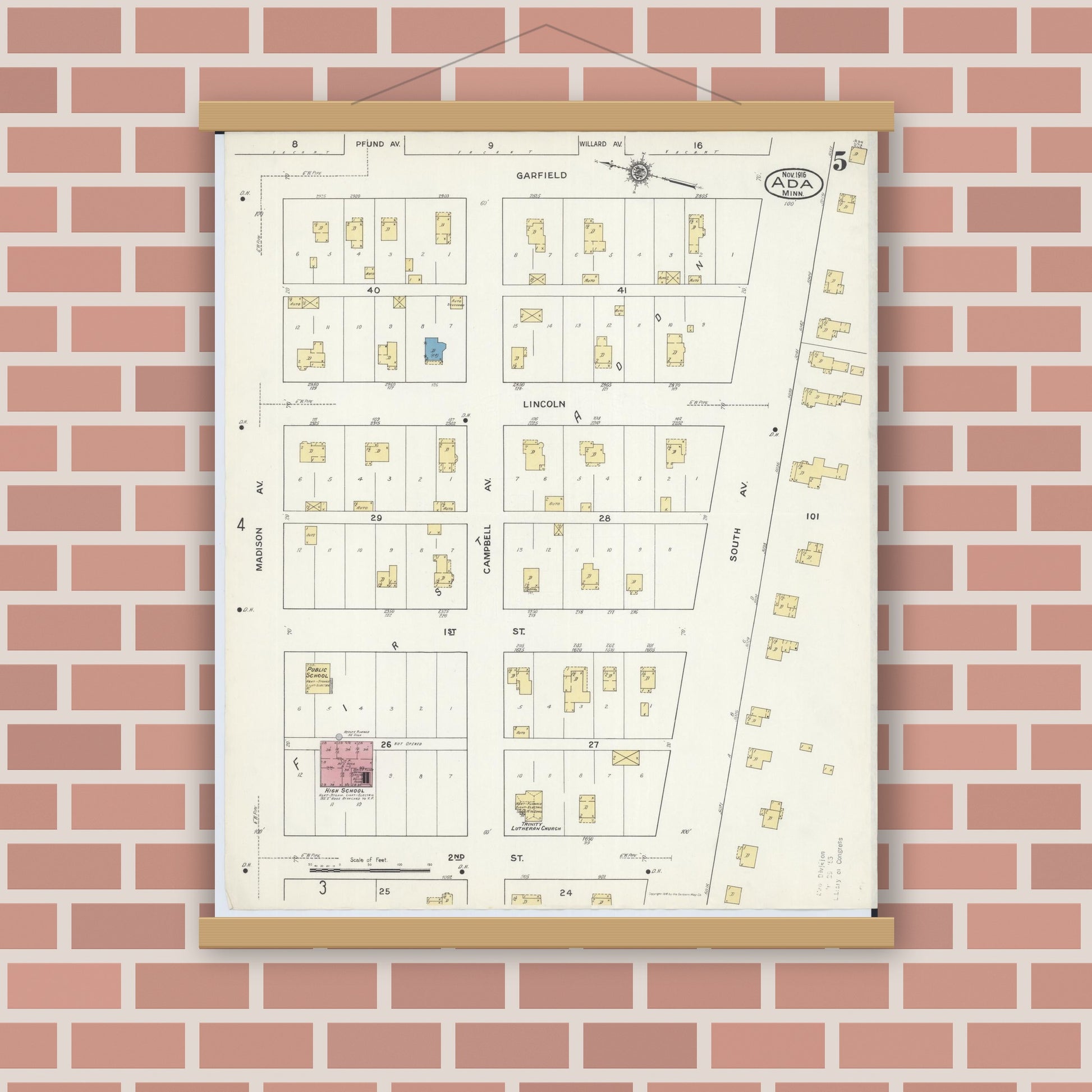 Old map wall art mockup — magnetic wood frame on brick wall — Sanborn Fire Insurance Map from Ada, Norman County, Minnesota (1916), Sheet #0005