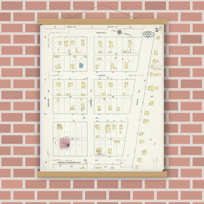 Old map wall art mockup — magnetic wood frame on brick wall — Sanborn Fire Insurance Map from Ada, Norman County, Minnesota (1916), Sheet #0005