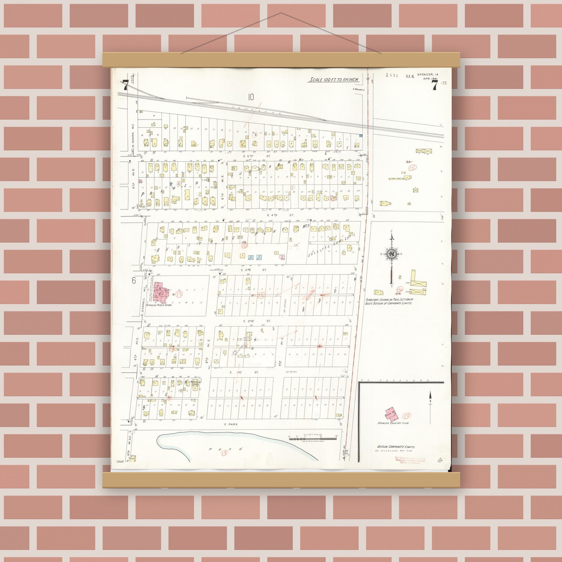 Old map wall art mockup — magnetic wood frame on brick wall — Sanborn Fire Insurance Map from Spencer, Clay County, Iowa (1946), Sheet #0007