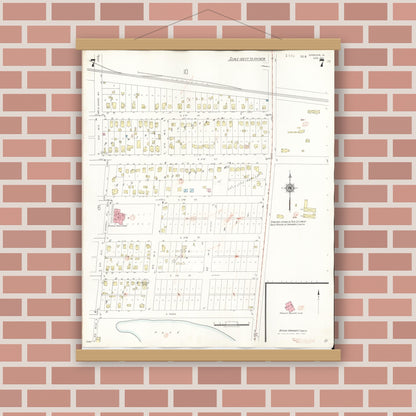 Old map wall art mockup — magnetic wood frame on brick wall — Sanborn Fire Insurance Map from Spencer, Clay County, Iowa (1946), Sheet #0007