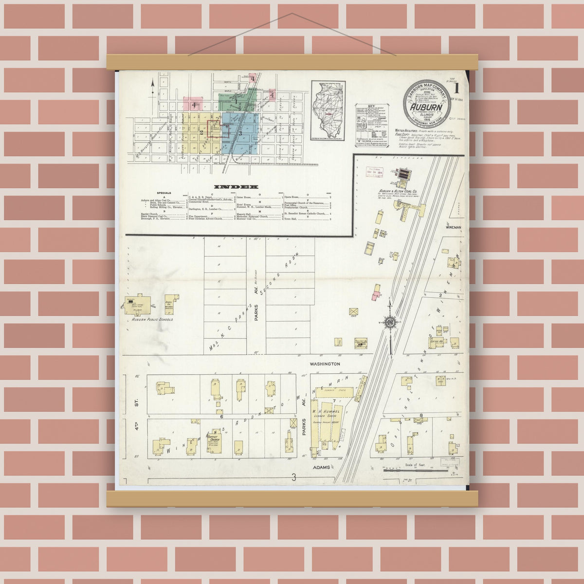 Old map wall art mockup — magnetic wood frame on brick wall — Sanborn Fire Insurance Map from Auburn, Sangamon County, Illinois (1914) - Complete Map Set