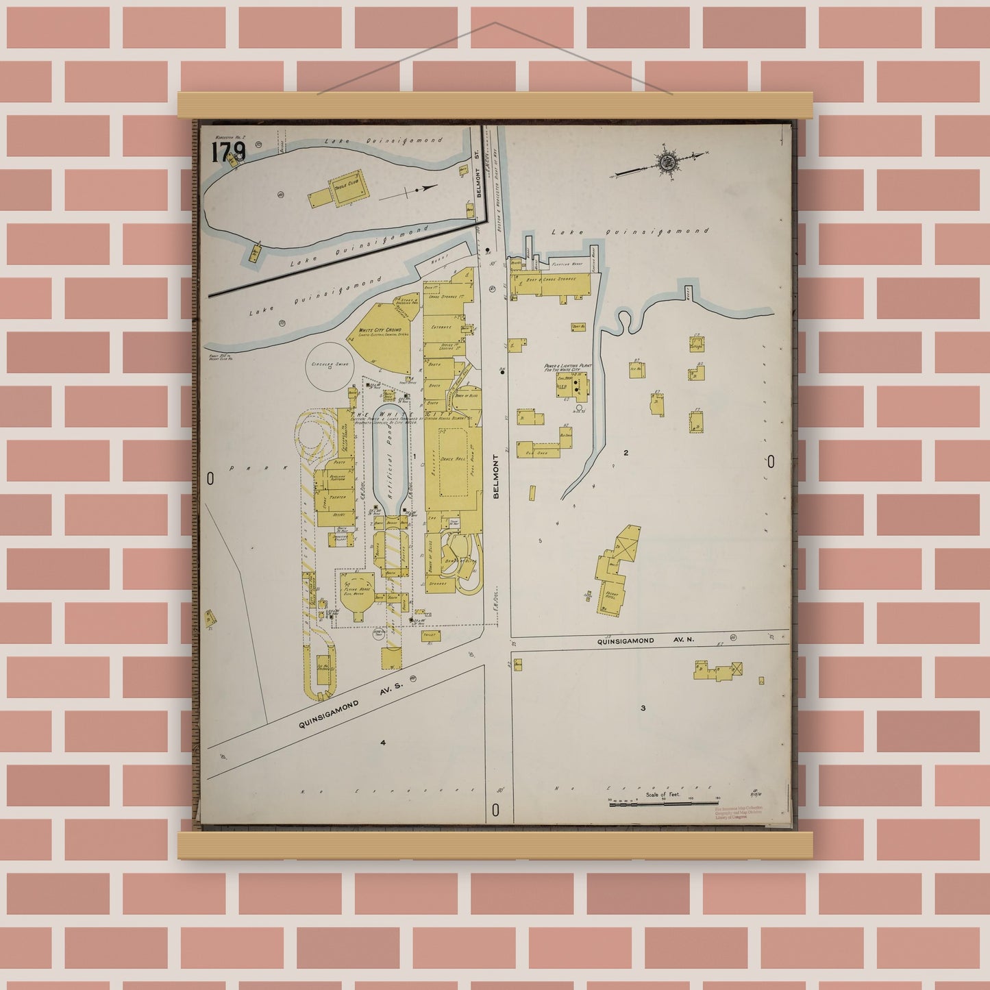 Old map wall art mockup — magnetic wood frame on brick wall — Sanborn Fire Insurance Map from Worcester, Worcester County, Massachusetts (1910), Sheet #0179