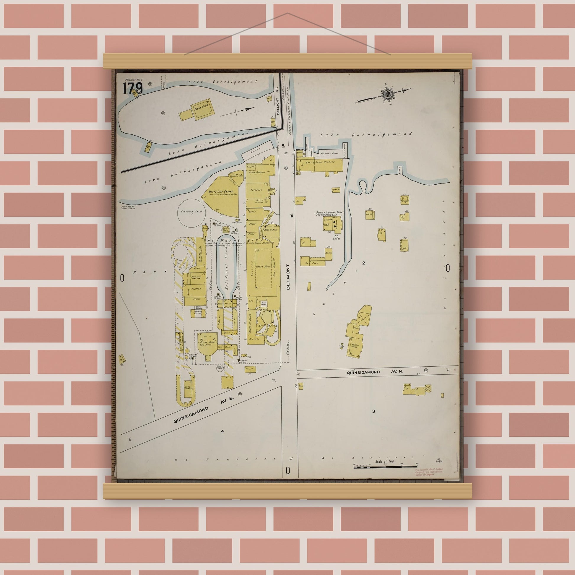 Old map wall art mockup — magnetic wood frame on brick wall — Sanborn Fire Insurance Map from Worcester, Worcester County, Massachusetts (1910), Sheet #0179