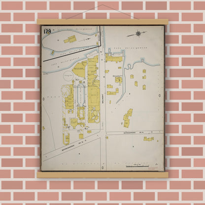 Old map wall art mockup — magnetic wood frame on brick wall — Sanborn Fire Insurance Map from Worcester, Worcester County, Massachusetts (1910), Sheet #0179