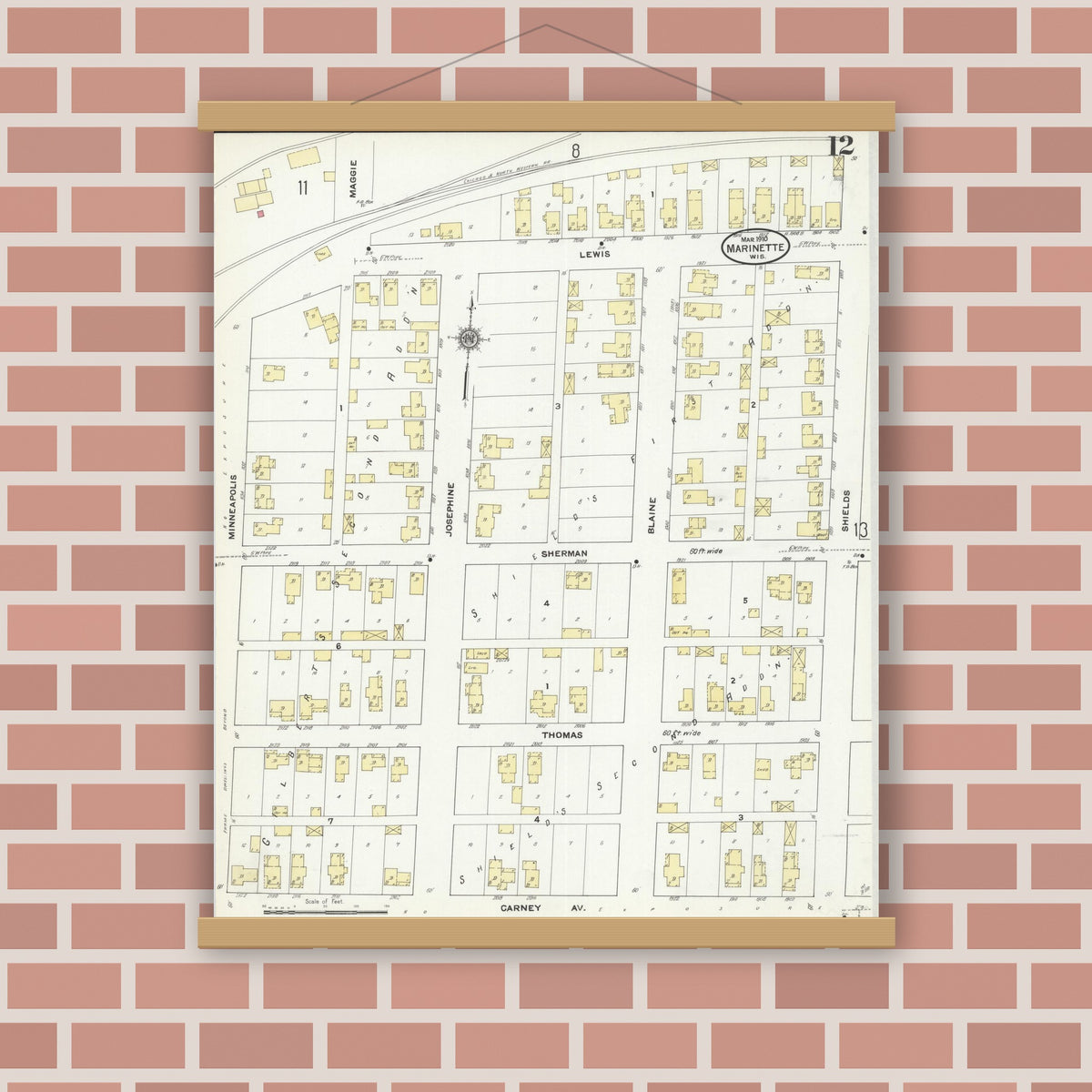Old map wall art mockup — magnetic wood frame on brick wall — Sanborn Fire Insurance Map from Marinette, Marinette County, Wisconsin (1910), Sheet #0012