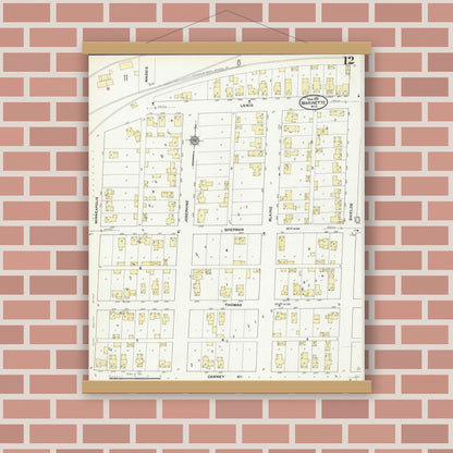 Old map wall art mockup — magnetic wood frame on brick wall — Sanborn Fire Insurance Map from Marinette, Marinette County, Wisconsin (1910), Sheet #0012