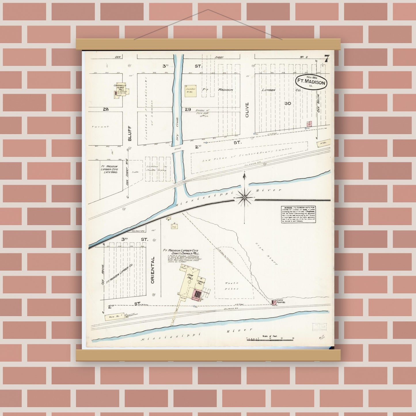 Old map wall art mockup — magnetic wood frame on brick wall — Sanborn Fire Insurance Map from Fort Madison, Lee County, Iowa (1884), Sheet #0007