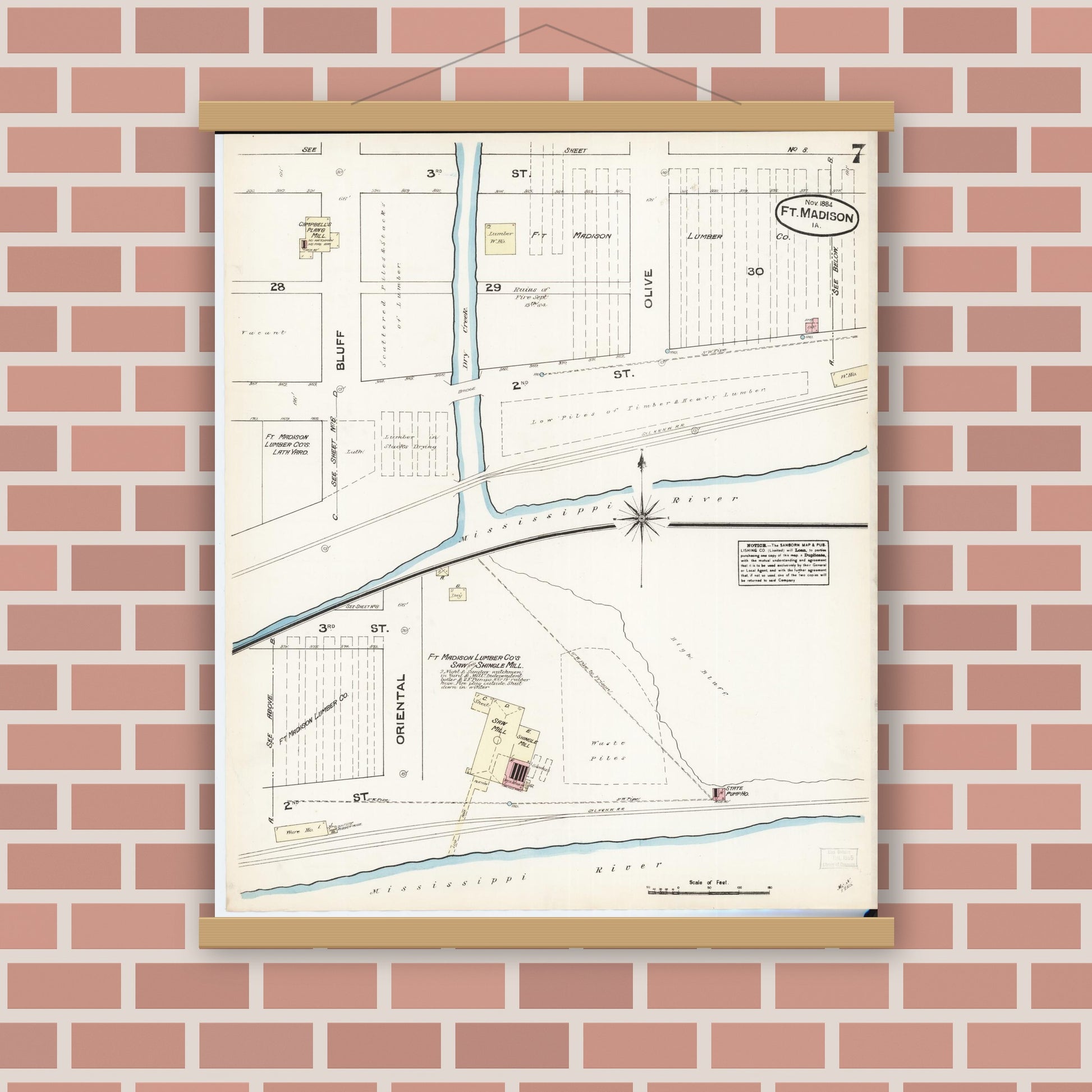 Old map wall art mockup — magnetic wood frame on brick wall — Sanborn Fire Insurance Map from Fort Madison, Lee County, Iowa (1884), Sheet #0007