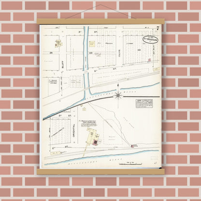 Old map wall art mockup — magnetic wood frame on brick wall — Sanborn Fire Insurance Map from Fort Madison, Lee County, Iowa (1884), Sheet #0007