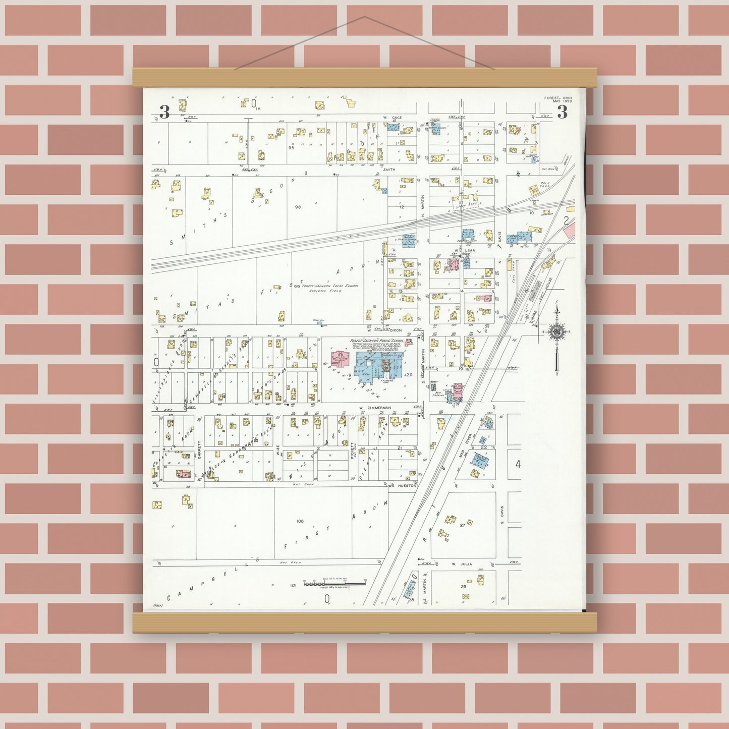 Old map wall art mockup — magnetic wood frame on brick wall — Sanborn Fire Insurance Map from Forest, Hardin County, Ohio (1950), Sheet #0003