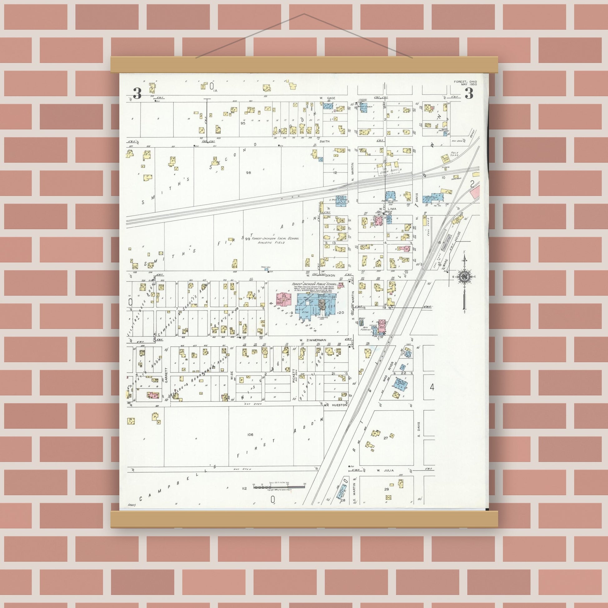 Old map wall art mockup — magnetic wood frame on brick wall — Sanborn Fire Insurance Map from Forest, Hardin County, Ohio (1950), Sheet #0003