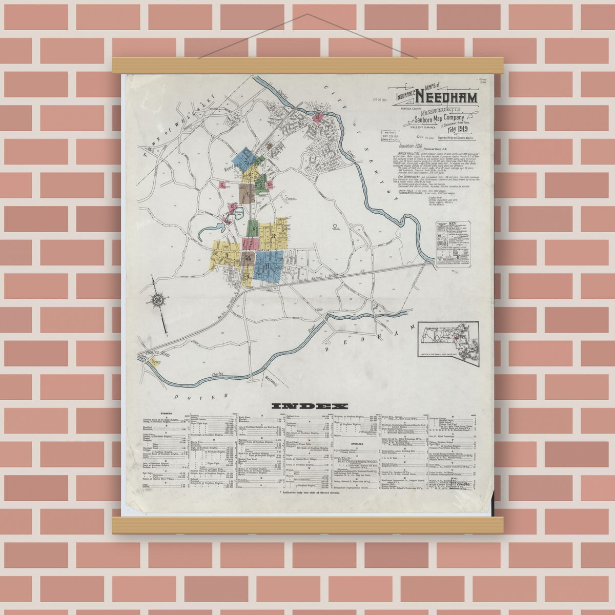Old map wall art mockup — magnetic wood frame on brick wall — Sanborn Fire Insurance Map from Needham, Norfolk County, Massachusetts (1919) - Complete Map Set