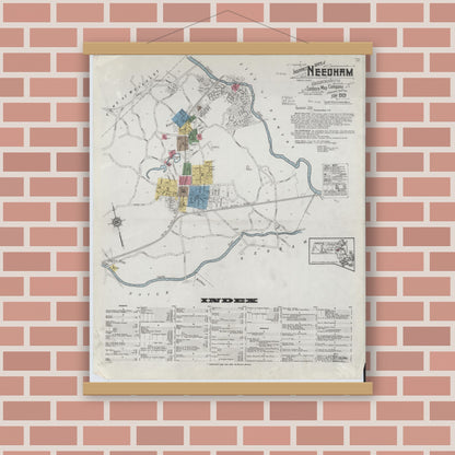 Old map wall art mockup — magnetic wood frame on brick wall — Sanborn Fire Insurance Map from Needham, Norfolk County, Massachusetts (1919) - Complete Map Set