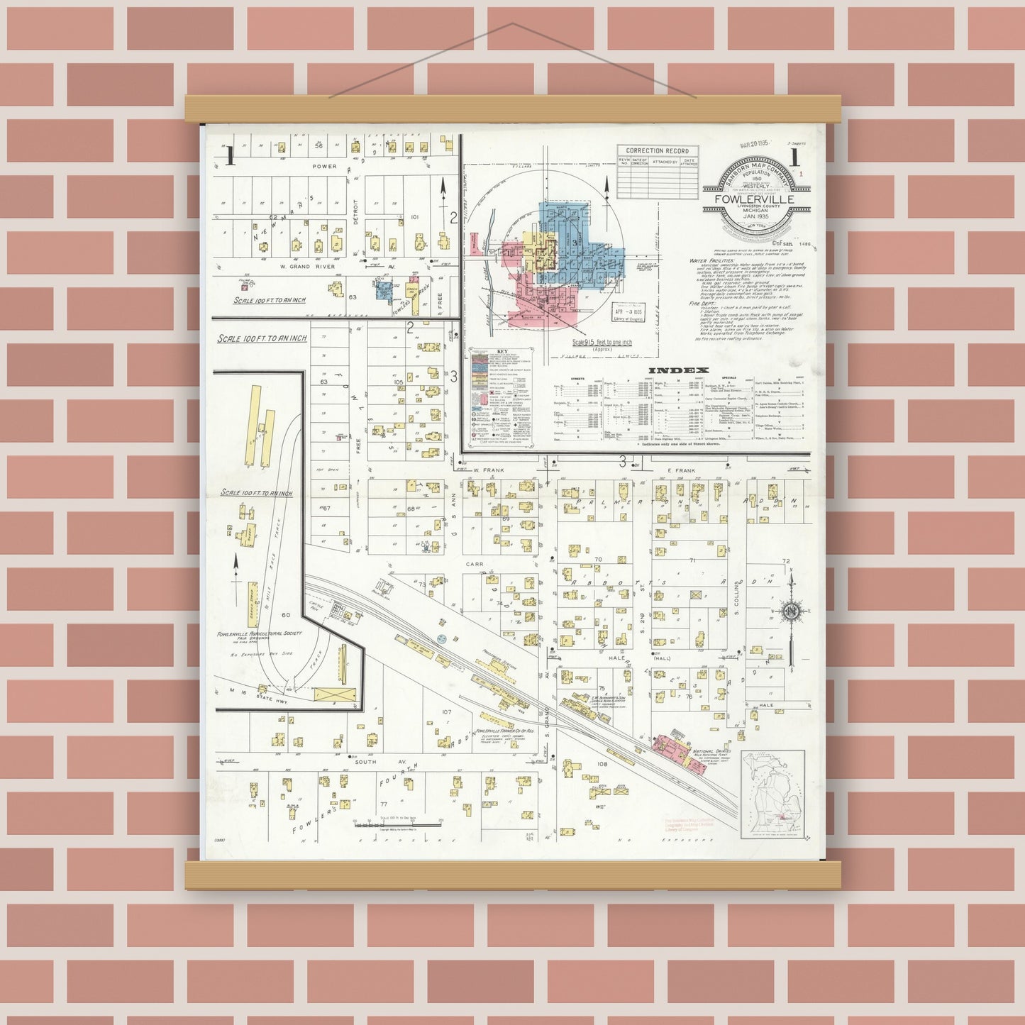 Old map wall art mockup — magnetic wood frame on brick wall — Sanborn Fire Insurance Map from Fowlerville, Livingston County, Michigan (1935) - Complete Map Set