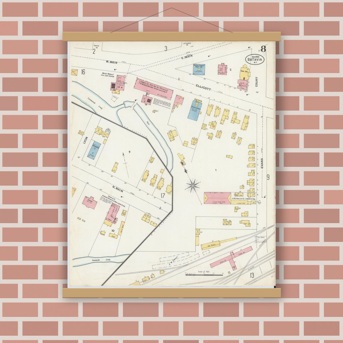 Old map wall art mockup — magnetic wood frame on brick wall — Sanborn Fire Insurance Map from Batavia, Genesee County, New York (1901), Sheet #0008