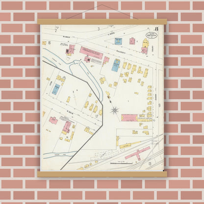 Old map wall art mockup — magnetic wood frame on brick wall — Sanborn Fire Insurance Map from Batavia, Genesee County, New York (1901), Sheet #0008