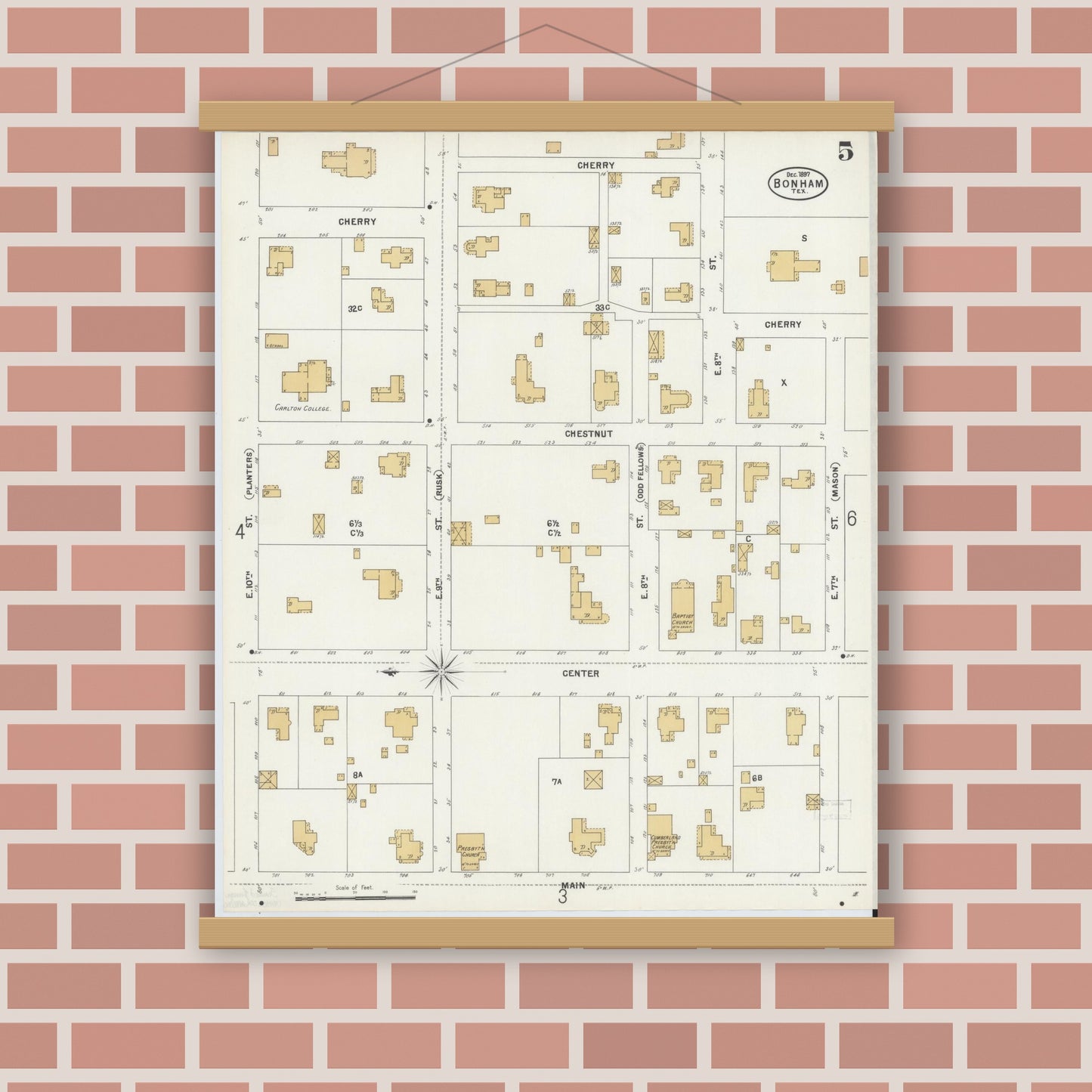 Old map wall art mockup — magnetic wood frame on brick wall — Sanborn Fire Insurance Map from Bonham, Fannin County, Texas (1897), Sheet #0005