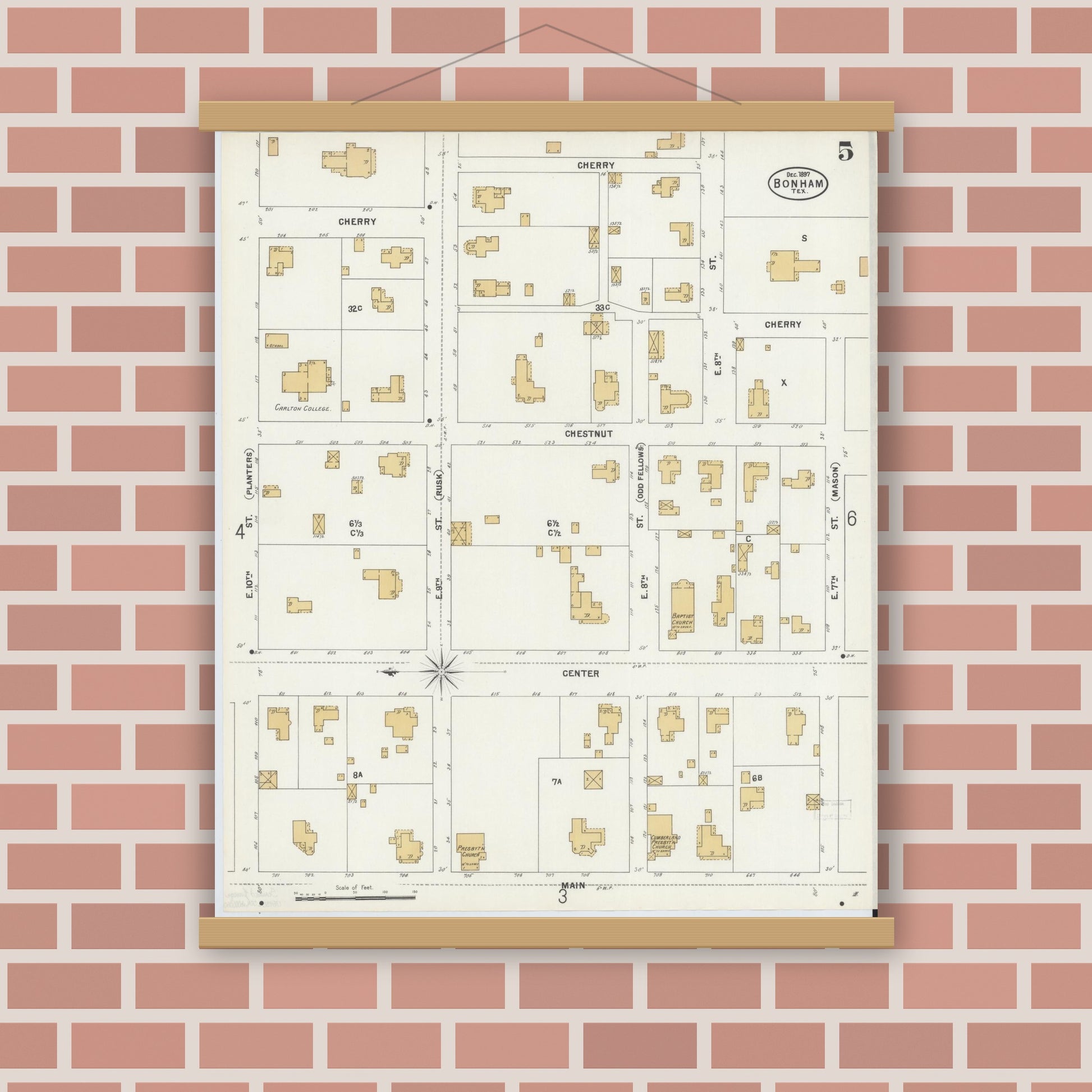 Old map wall art mockup — magnetic wood frame on brick wall — Sanborn Fire Insurance Map from Bonham, Fannin County, Texas (1897), Sheet #0005
