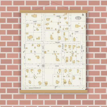 Old map wall art mockup — magnetic wood frame on brick wall — Sanborn Fire Insurance Map from Bonham, Fannin County, Texas (1897), Sheet #0005