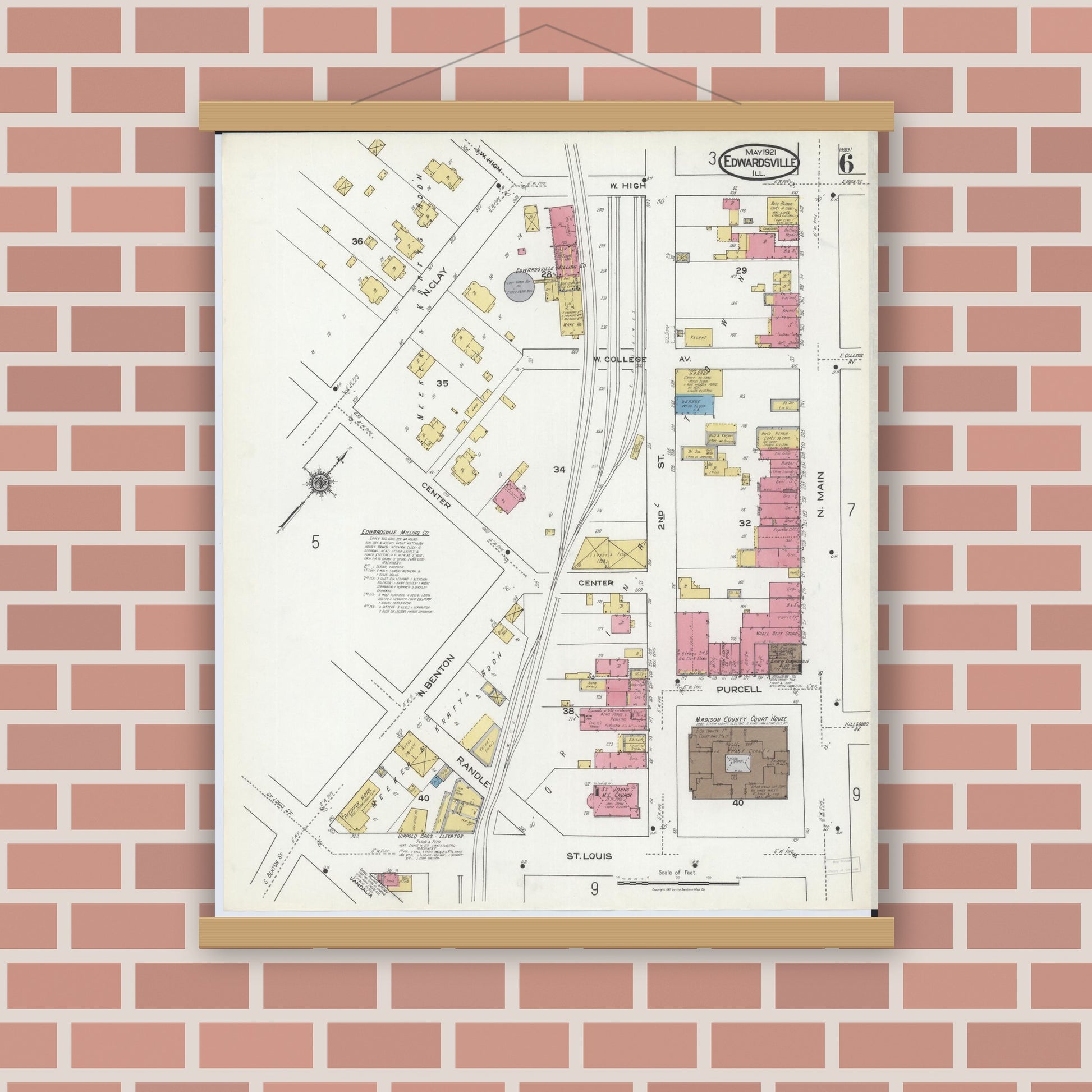 Old map wall art mockup — magnetic wood frame on brick wall — Sanborn Fire Insurance Map from Edwardsville, Madison County, Illinois (1921), Sheet #0006
