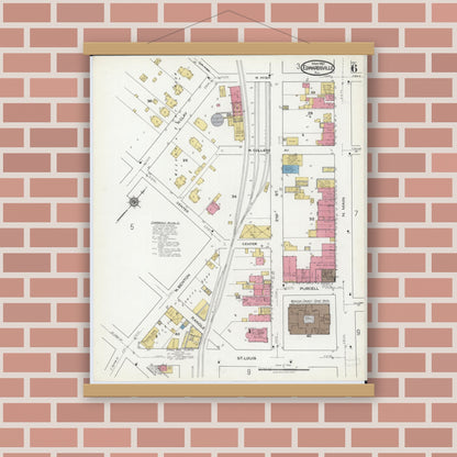 Old map wall art mockup — magnetic wood frame on brick wall — Sanborn Fire Insurance Map from Edwardsville, Madison County, Illinois (1921), Sheet #0006